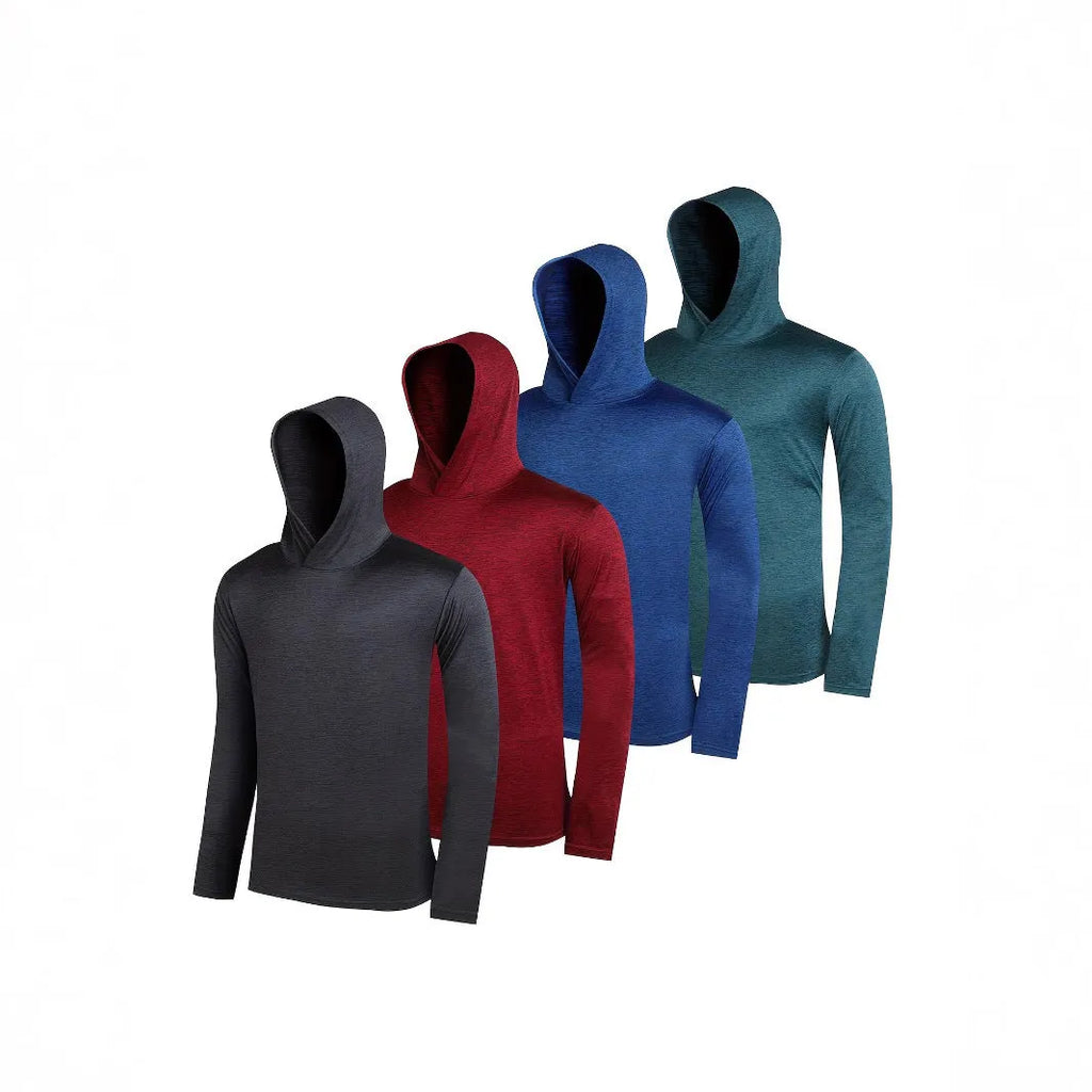 Four men's lightweight polyester hoodies in different colours displayed together as a coordinated set