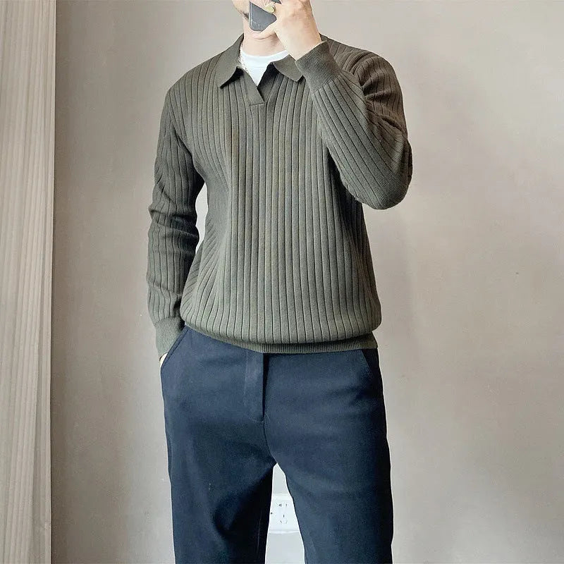 A boys' loose striped pullover sweater with a lapel collar, shown in a light grey colour.