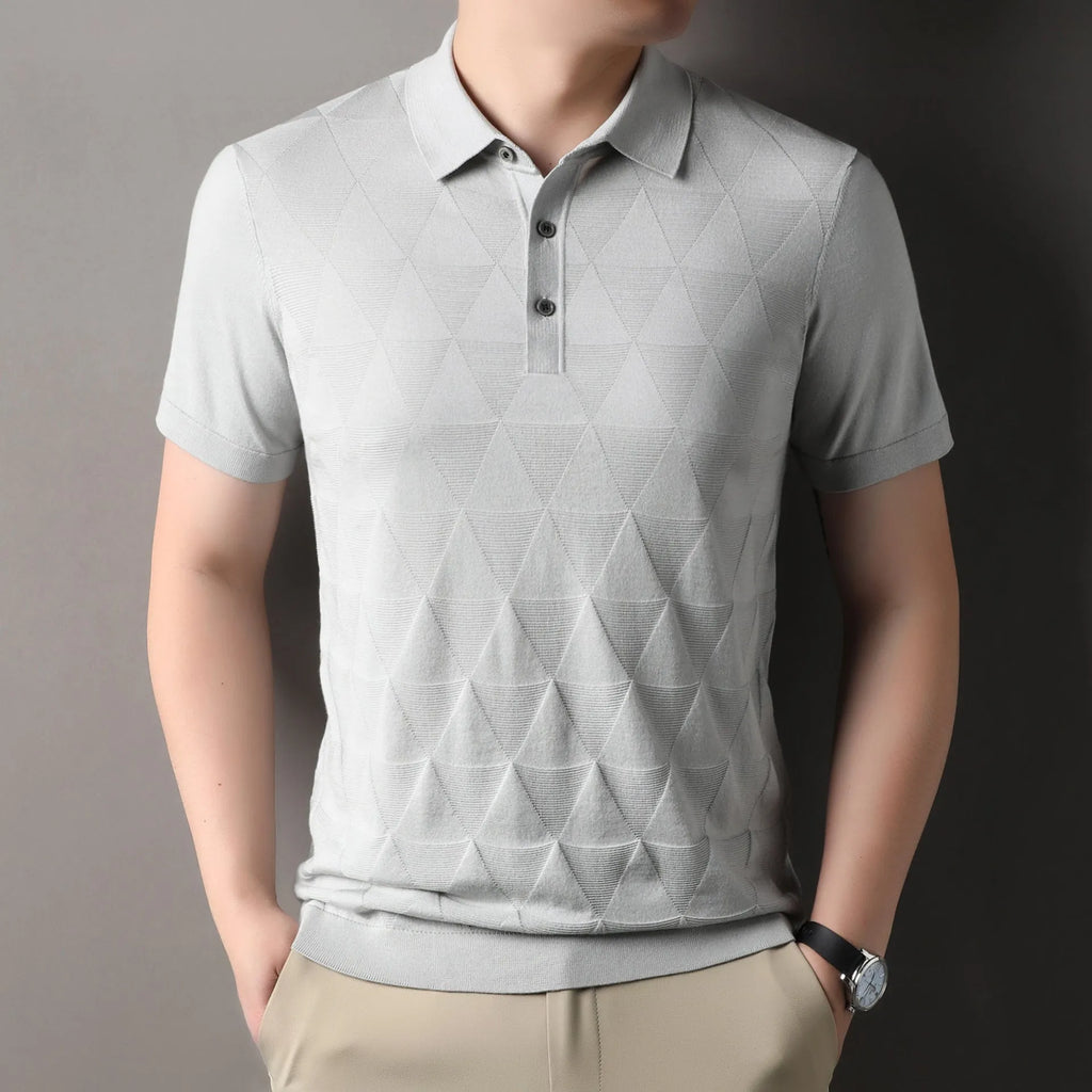 Men's short sleeve ice silk T-shirt in grey, showing regular fit and thin fabric.