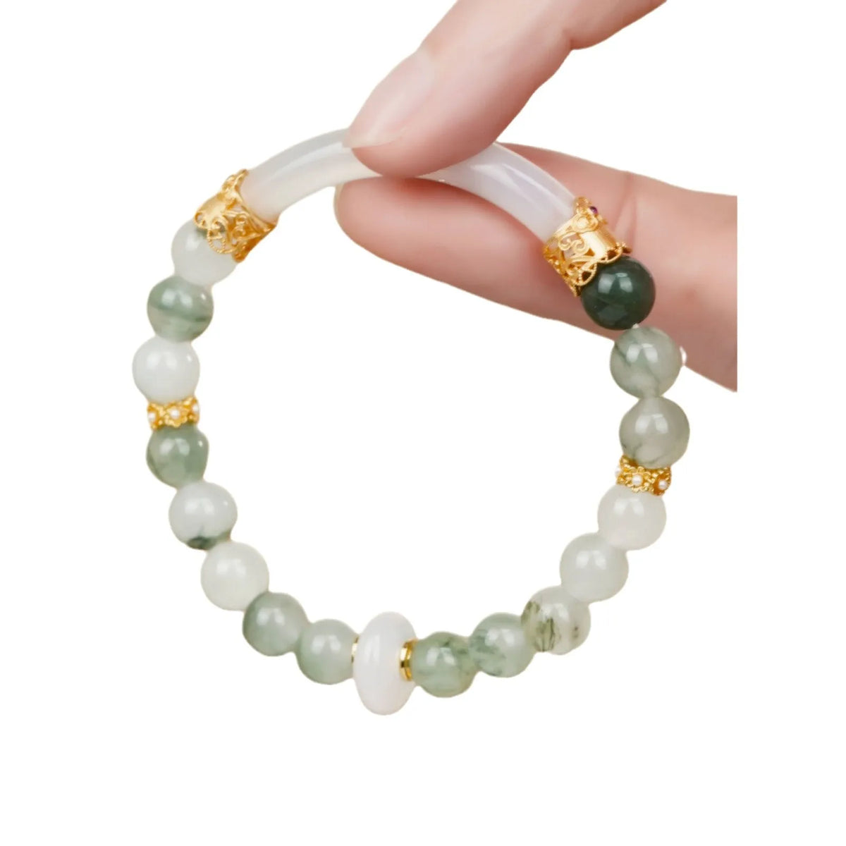 Light green emerald jadeite half bracelet with ice-like texture and round beads