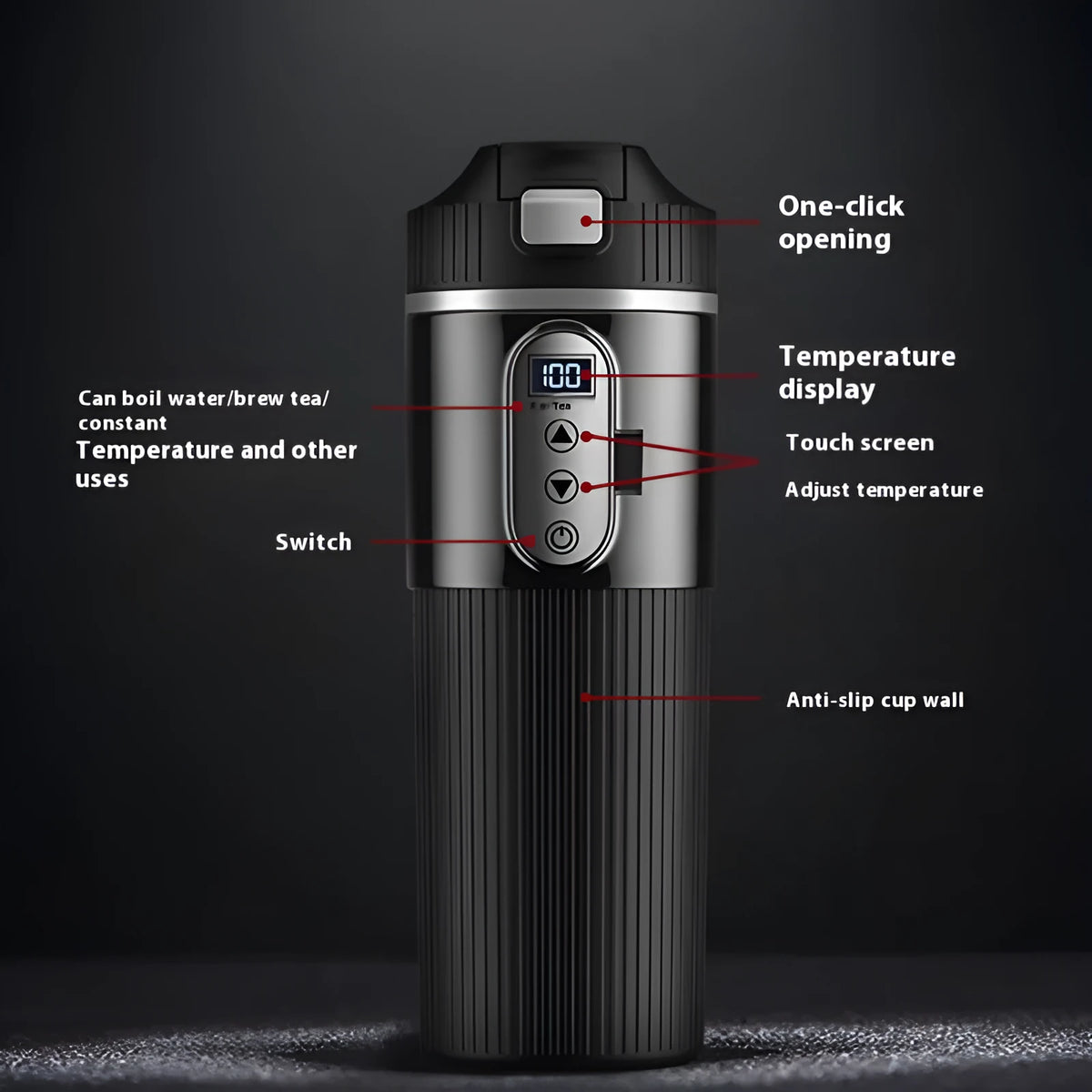 Smart car water boiling cup in black or white, stainless steel vacuum insulating cup, vertical pattern version, 70W