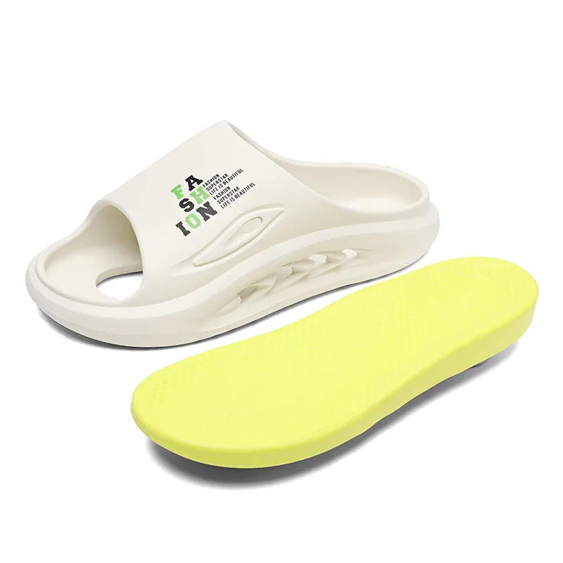 Men's EVA thick soled colour blocked slippers in white and green with frosted finish