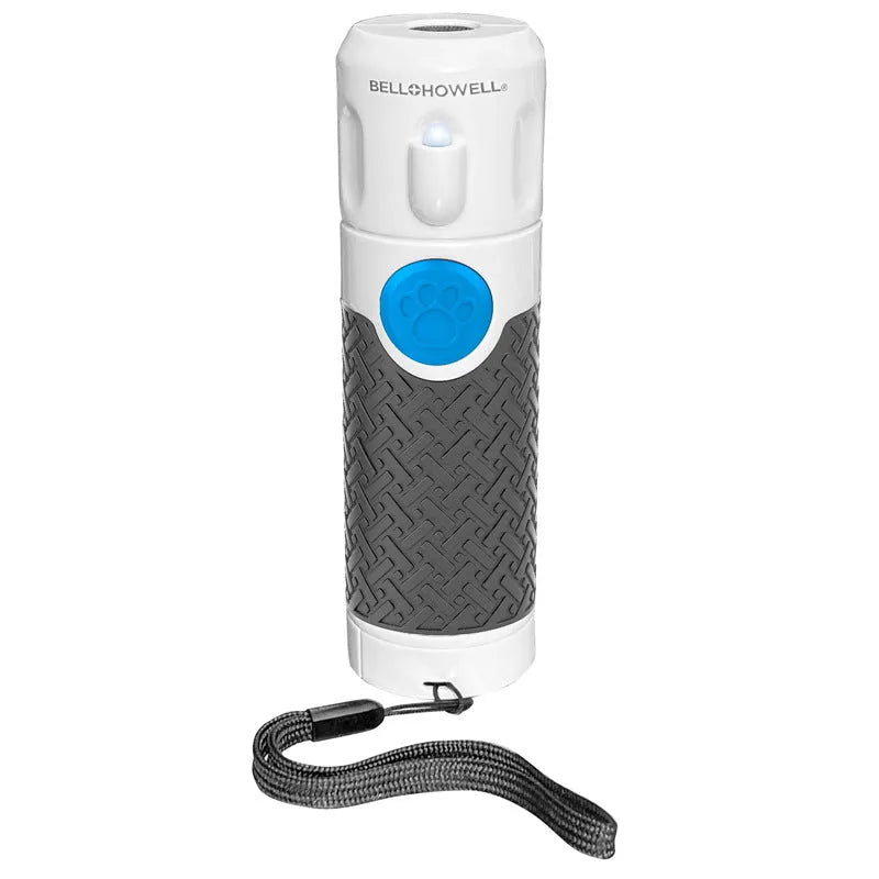 White handheld ultrasonic dog bark control trainer with AAA battery compartment.