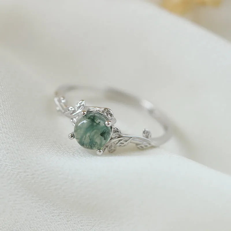 S925 silver ring with green moss agate stone and water plant pattern in geometric shape