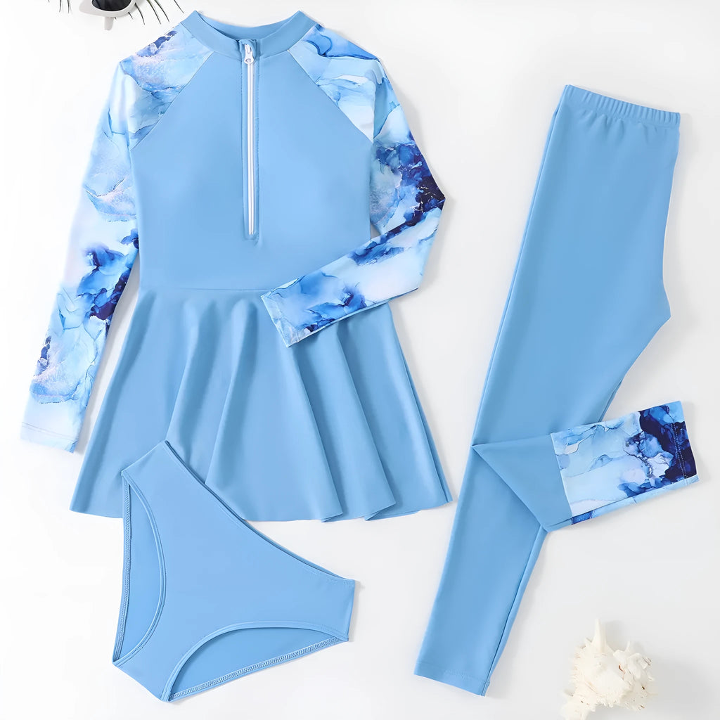 Children's blue split long-sleeve long-trouser three-piece swimsuit on a white background, sizes 120-160