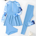 Children's blue split long-sleeve long-trouser three-piece swimsuit on a white background, sizes 120-160