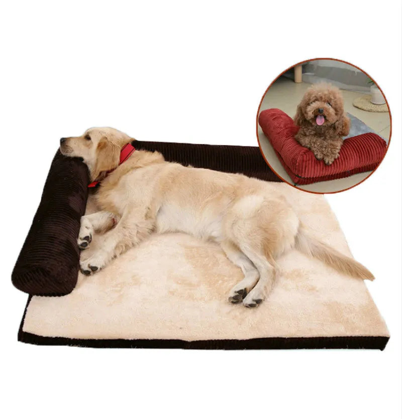 Corduroy pet dog bed sofa with removable cover in a grey colour, shown in a living room setting.