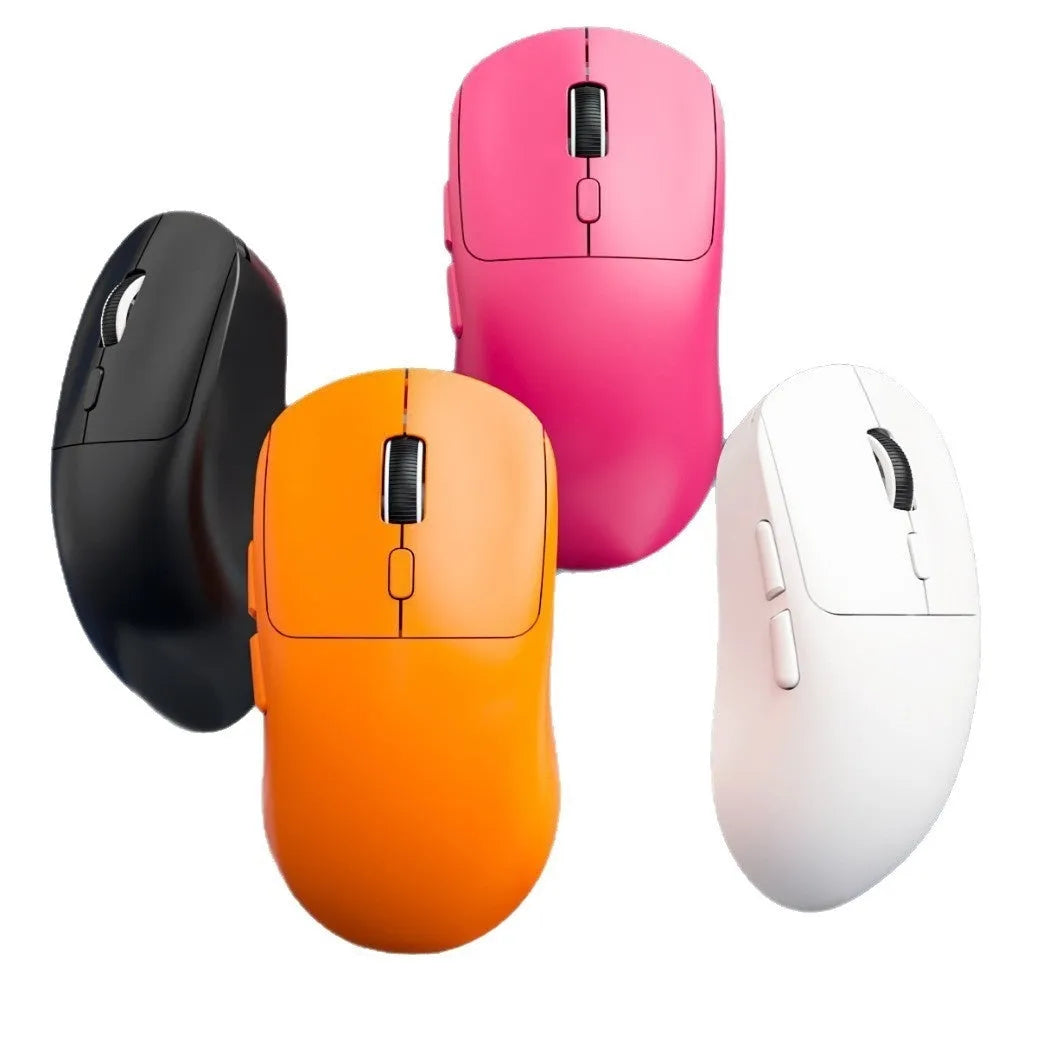 Rechargeable multi-mode mouse in gradient grey white, with wired, Bluetooth and 2.4G connectivity, 11.5cm compact size, USB interface.