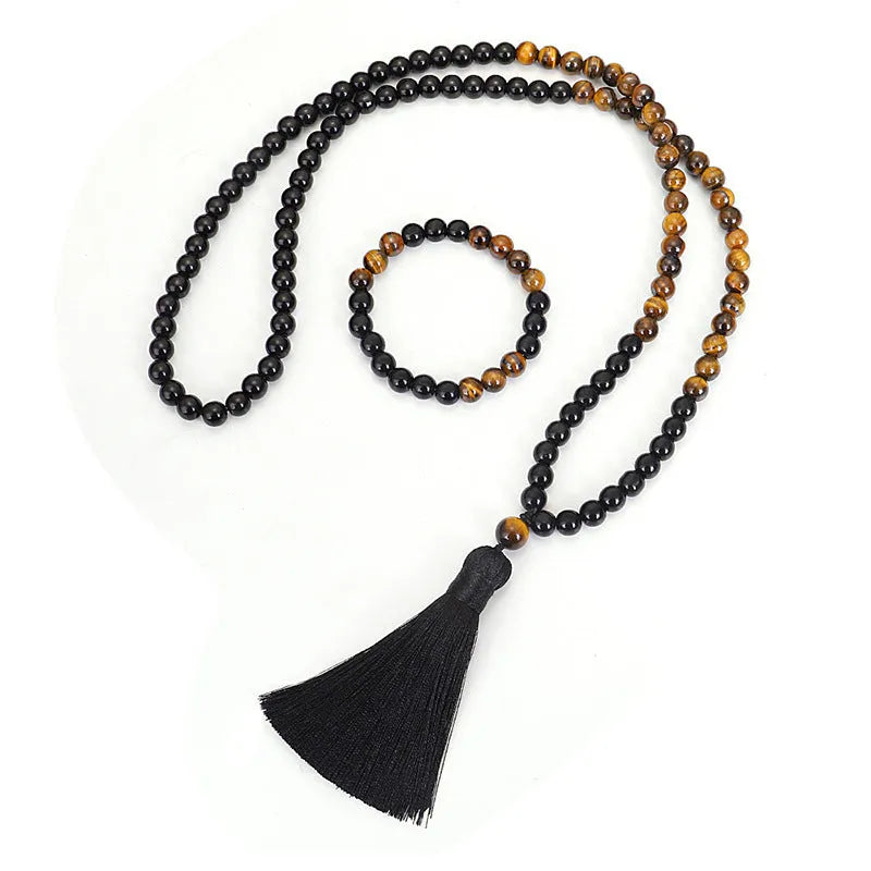 Tiger eye stone tassel necklace bracelet with adjustable 81cm circumference and drop shape pendant