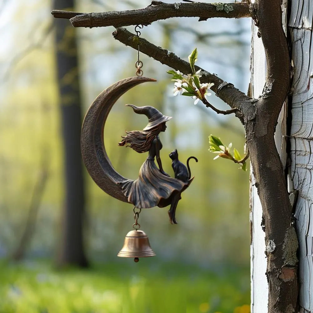 Witch moon and black cat bell pendant with suspension hanging method and witch moon bell colour classification