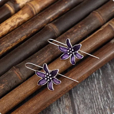 Purple flower-shaped alloy earrings with electroplated finish, retro floral design jewellery for women