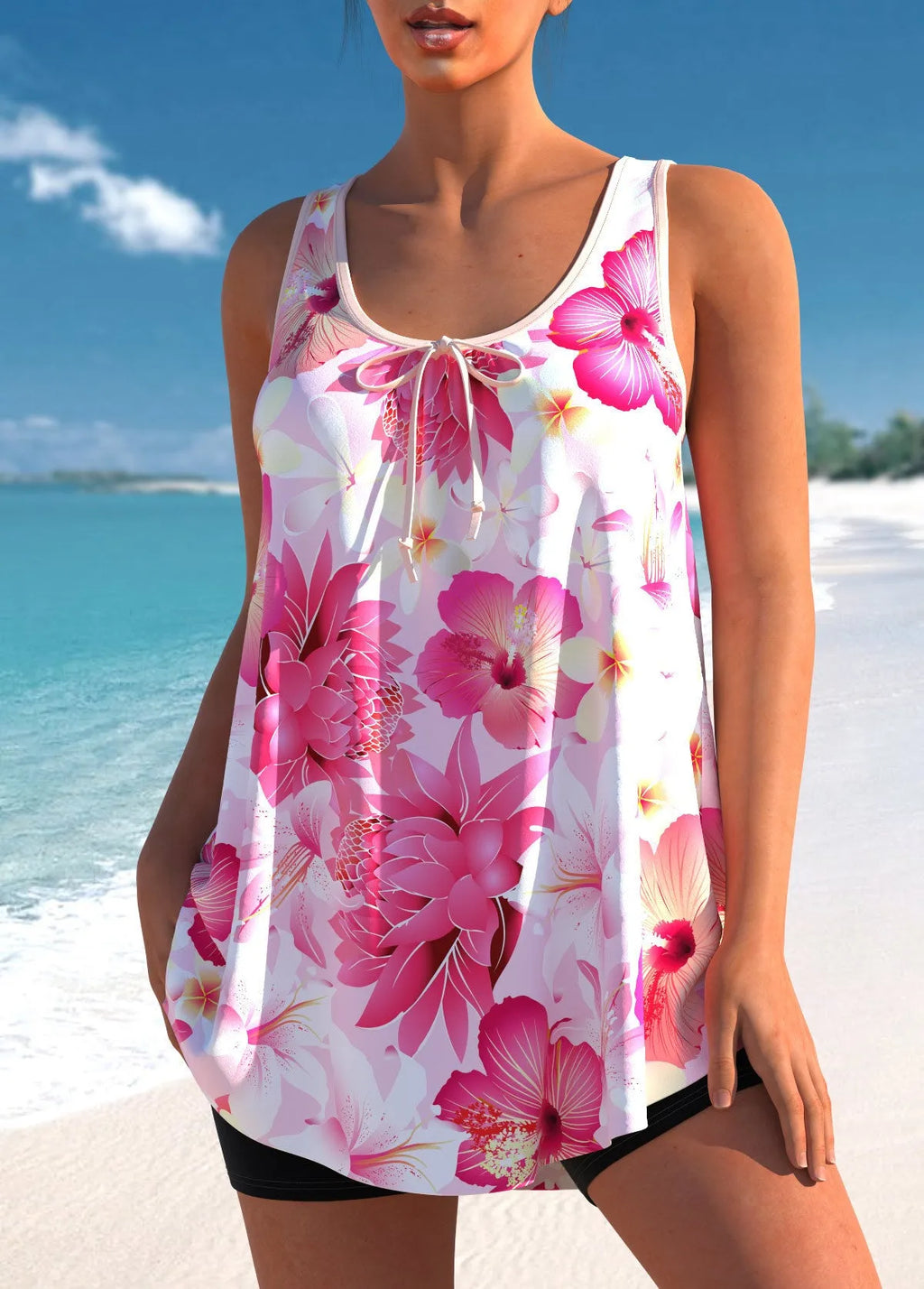 Pink printed tankini swimsuit for plus-size ladies with high-waist briefs.