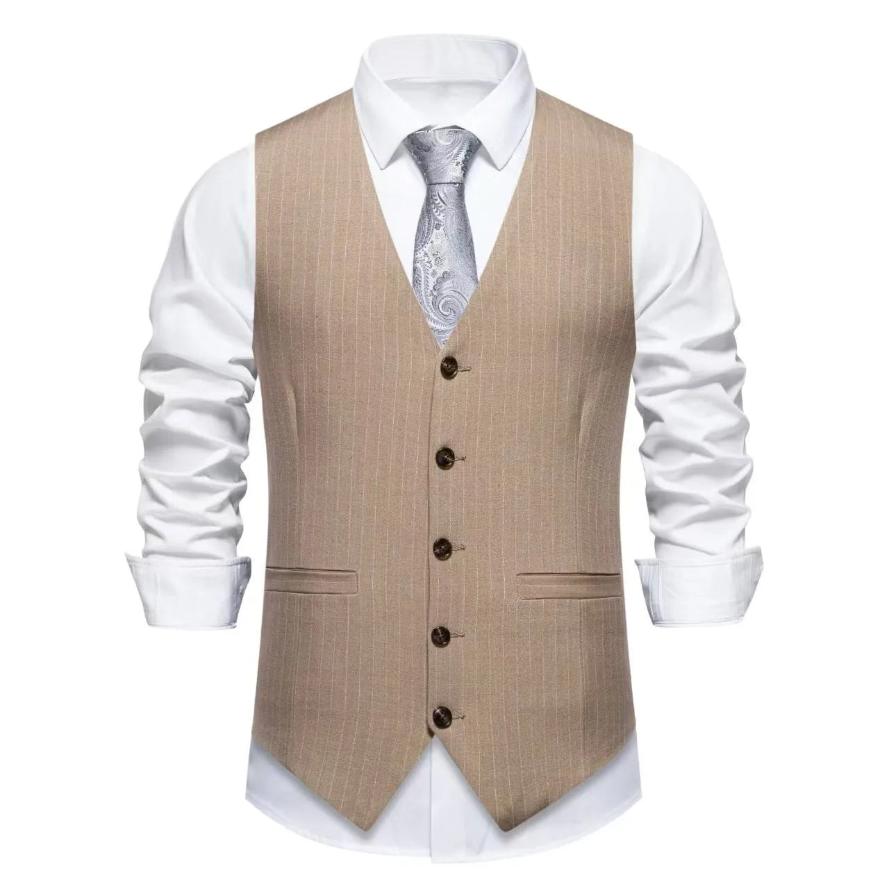 Men's striped suit vest in polyester with non-ironing feature and miter hem.