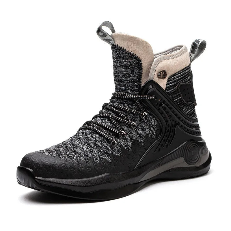 Black high-top safety shoes with steel toe, lace-up closure, and breathable mesh upper