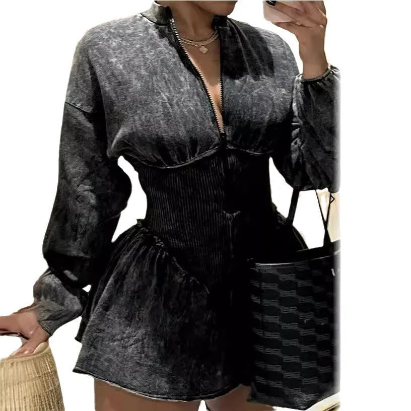 Gray women's dress with digital printing, drawstring waist, A-line skirt, and long sleeves