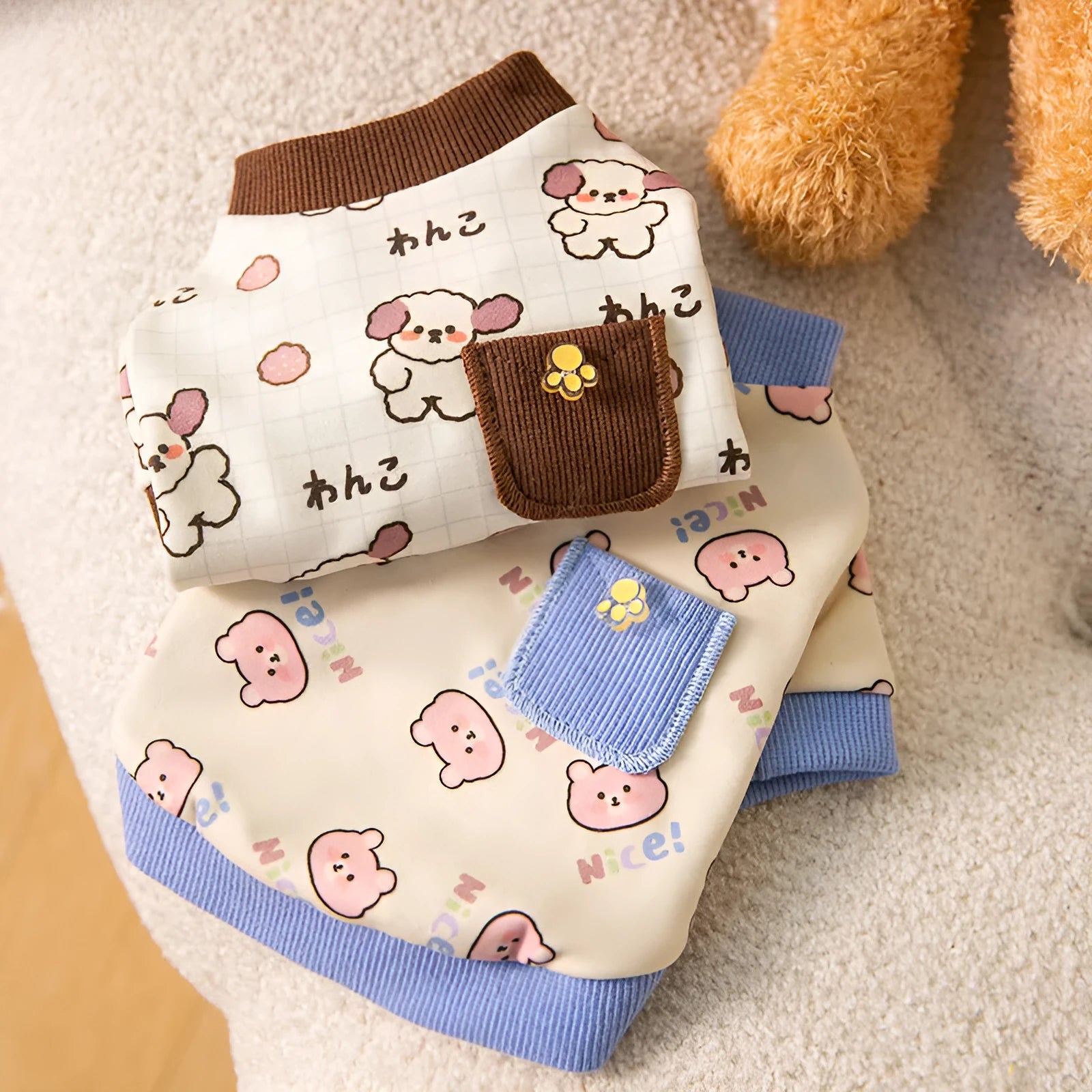 Pet clothing with warm pockets, soft velvet, blue colour, on a small dog or cat, bear home wear style