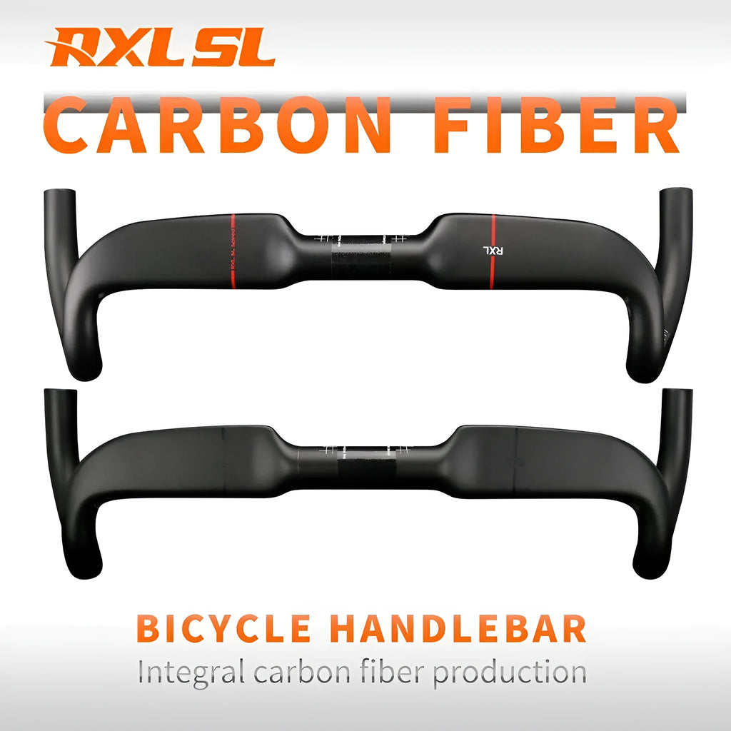 Carbon fibre road bicycle handlebar with double line design shown in red and black colour options.