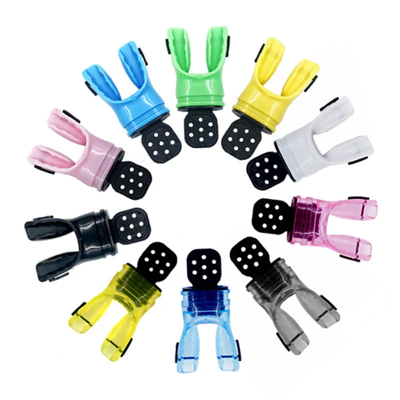 Edible silicone diving mouthpiece, 110mm long, shown in various colours including blue, green, pink and transparent options.
