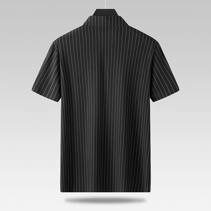 A man wearing a black plus size loose fit striped casual shirt with a square collar.