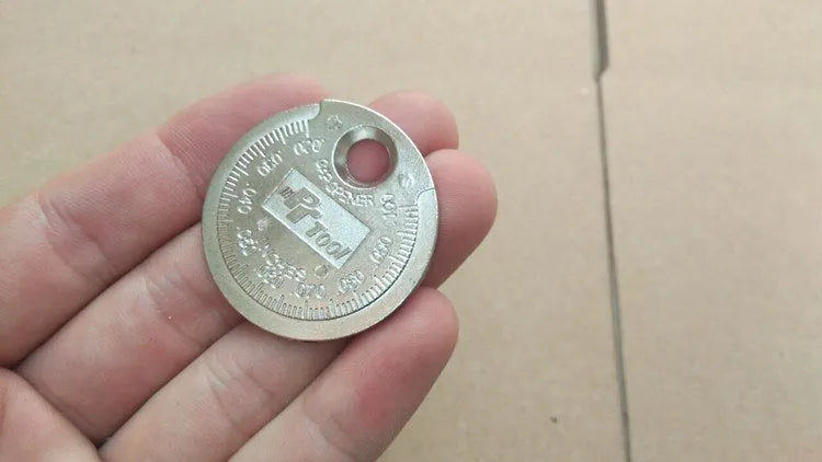 Round zinc alloy spark plug gauge with dual metric and inch scales