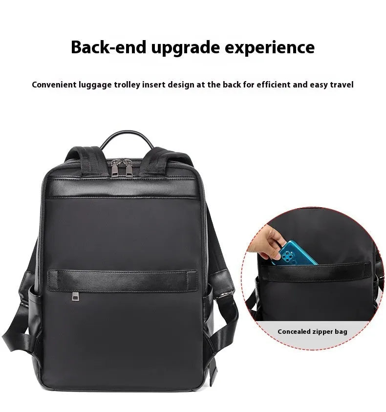 Large black leather men's computer backpack with weaving detail and a physiological curve back.