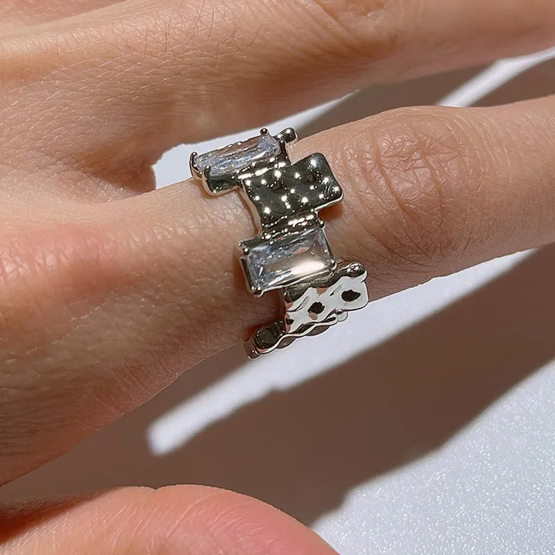 Cross design open geometric silver ring with retro styling and three-dimensional decoration