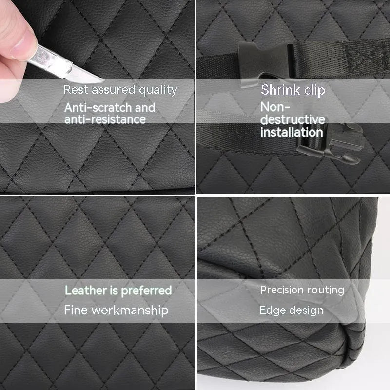 Leather car interior hanging storage bag organiser in black, pink, green, or white colours