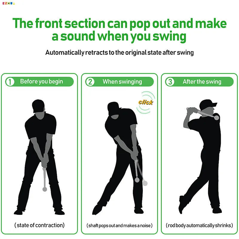 A telescopic golf swing simulator trainer in stainless steel, shown in black, blue, and red colour options.