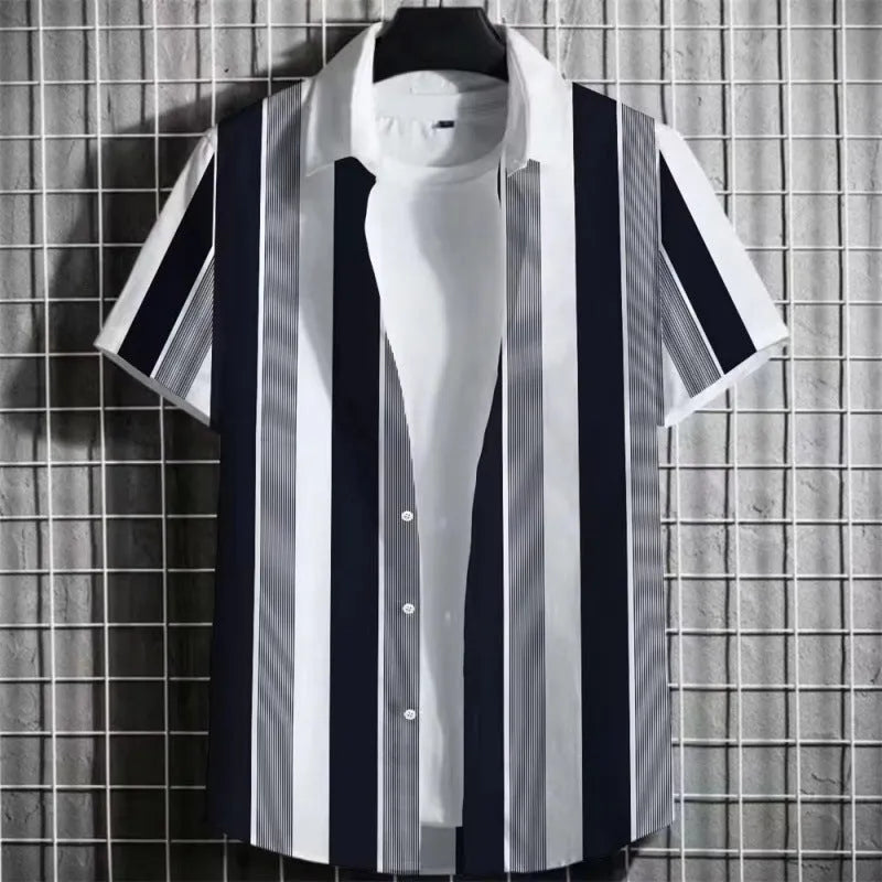 Men's striped short-sleeve linen shirt with 3D printed pattern in solid colour