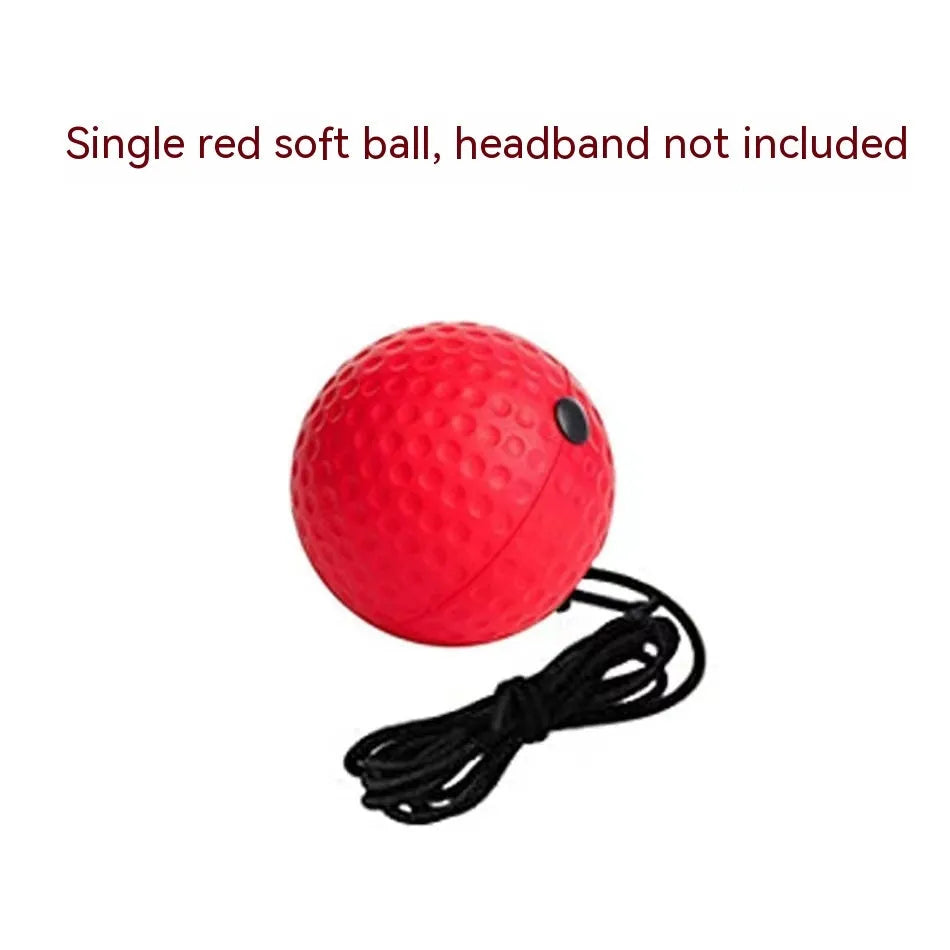 Head-mounted boxing reaction training ball with adjustable headband and choice of red, green, or yellow soft balls.