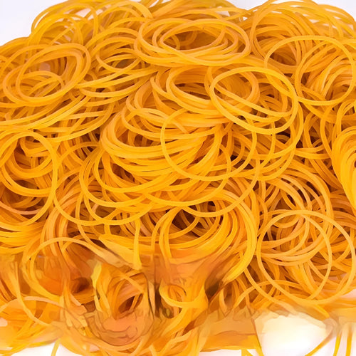 500g bulk pack of yellow rubber bands in various diameters including 25mm and 50mm for office use