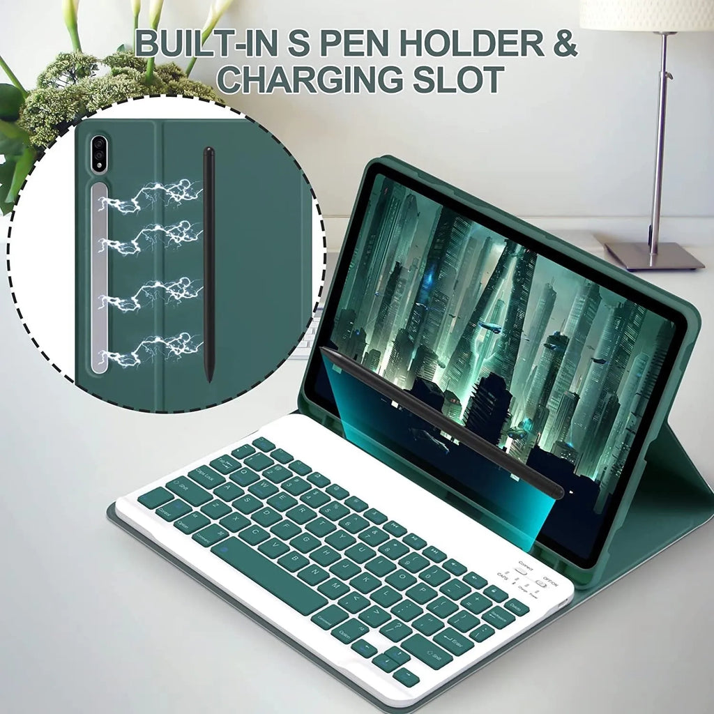 Samsung Galaxy Tab in a TPU case with a Bluetooth keyboard and charging mouse in Dark Green.