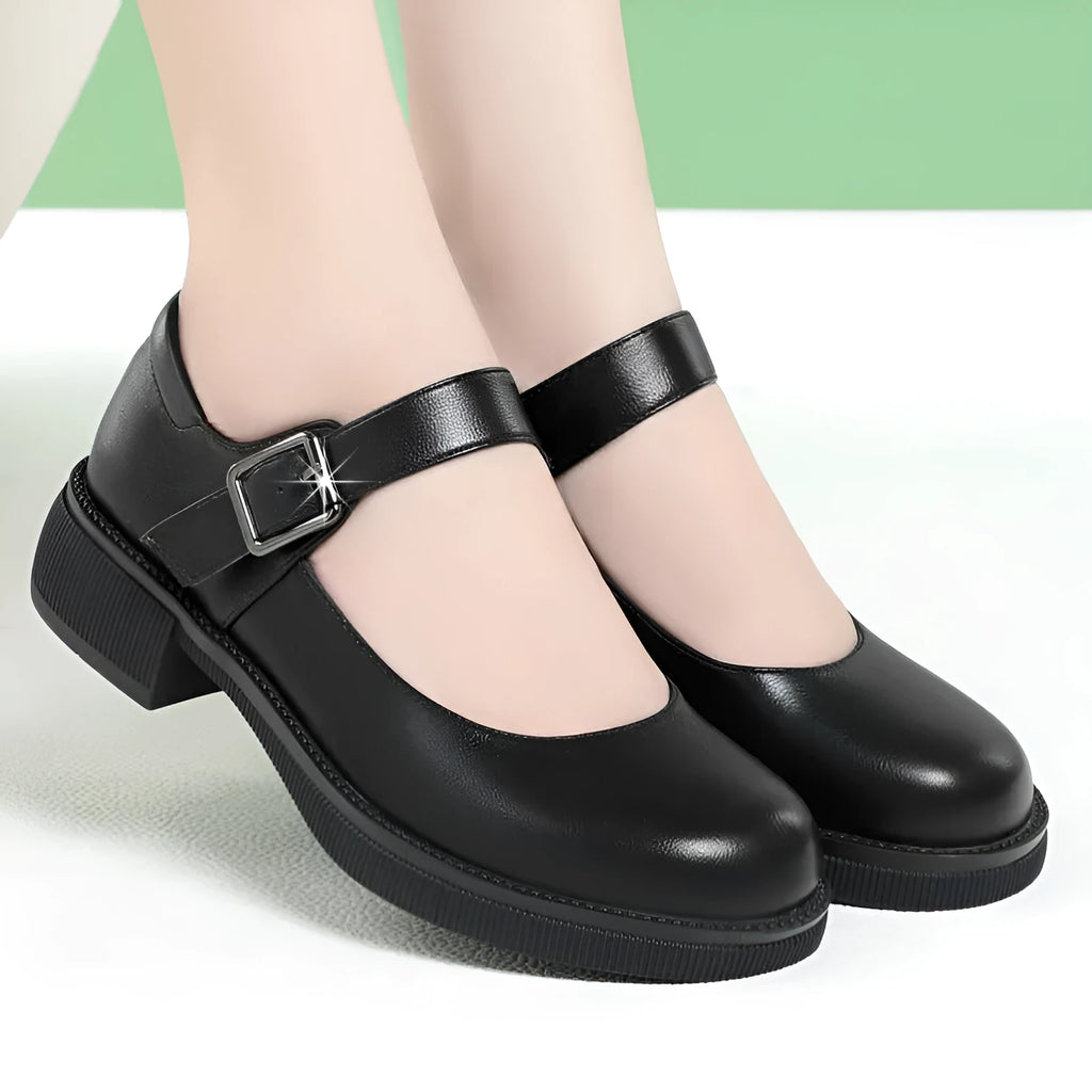 Black round toe leather pumps with buckle strap, mid-heel 3.5cm, cow split leather upper, rubber sole, women's shoes