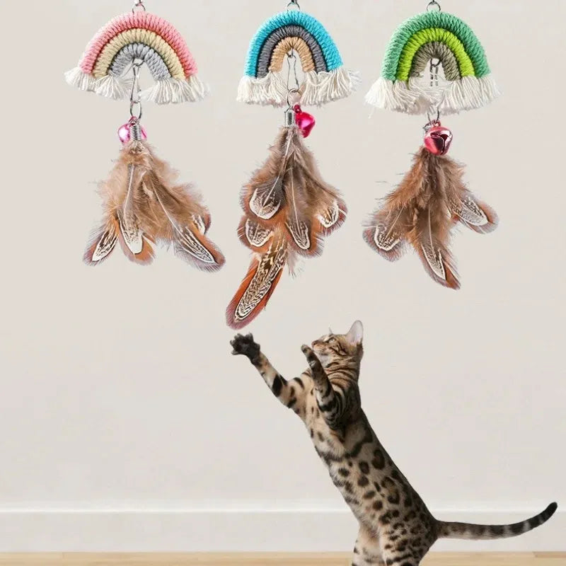 Blue feather cat rope door swing toy with elastic cord and sticky buckle clamp attached to door