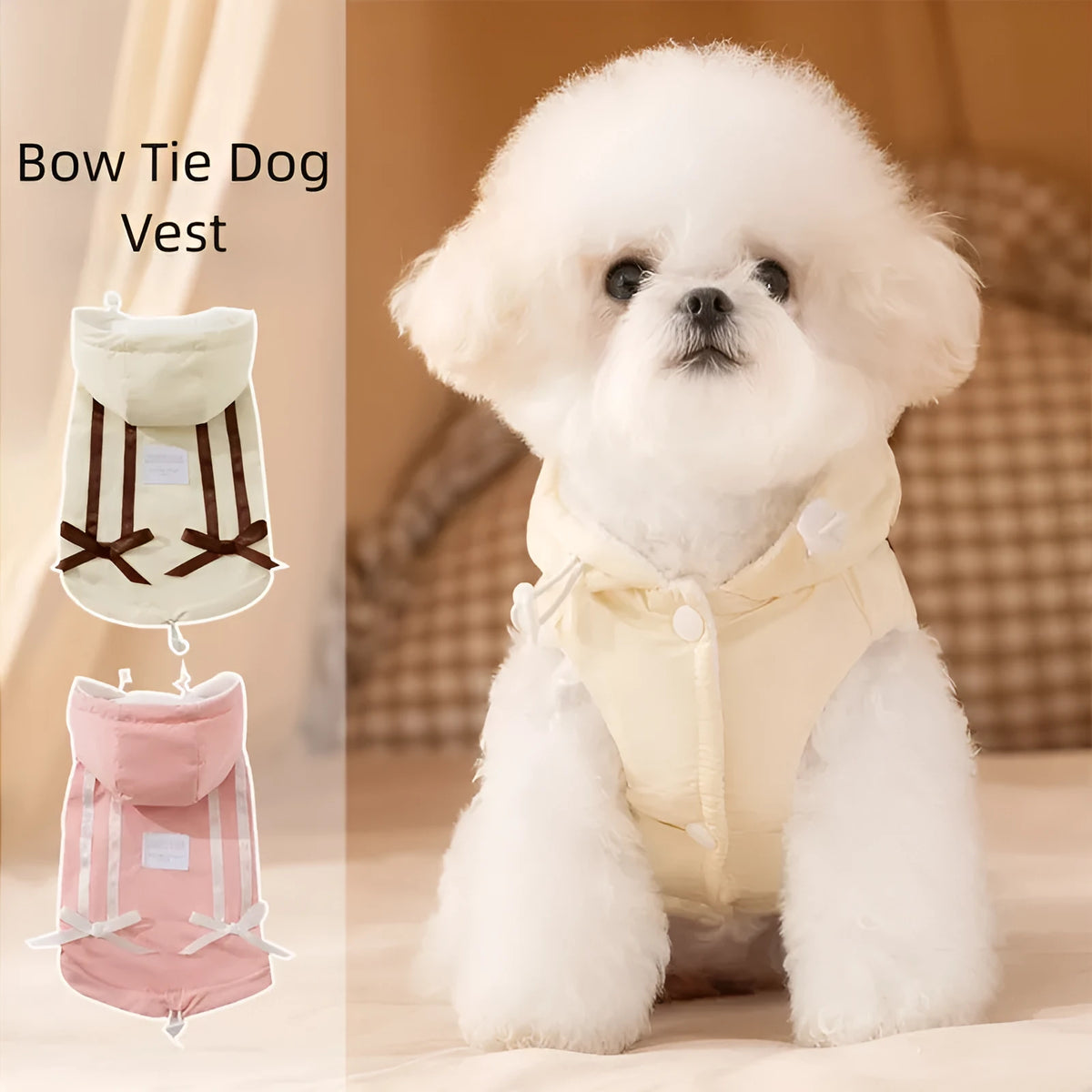 Hooded padded pet vest with bow ties for small cats and dogs, beige and pink, sizes XS to XXL