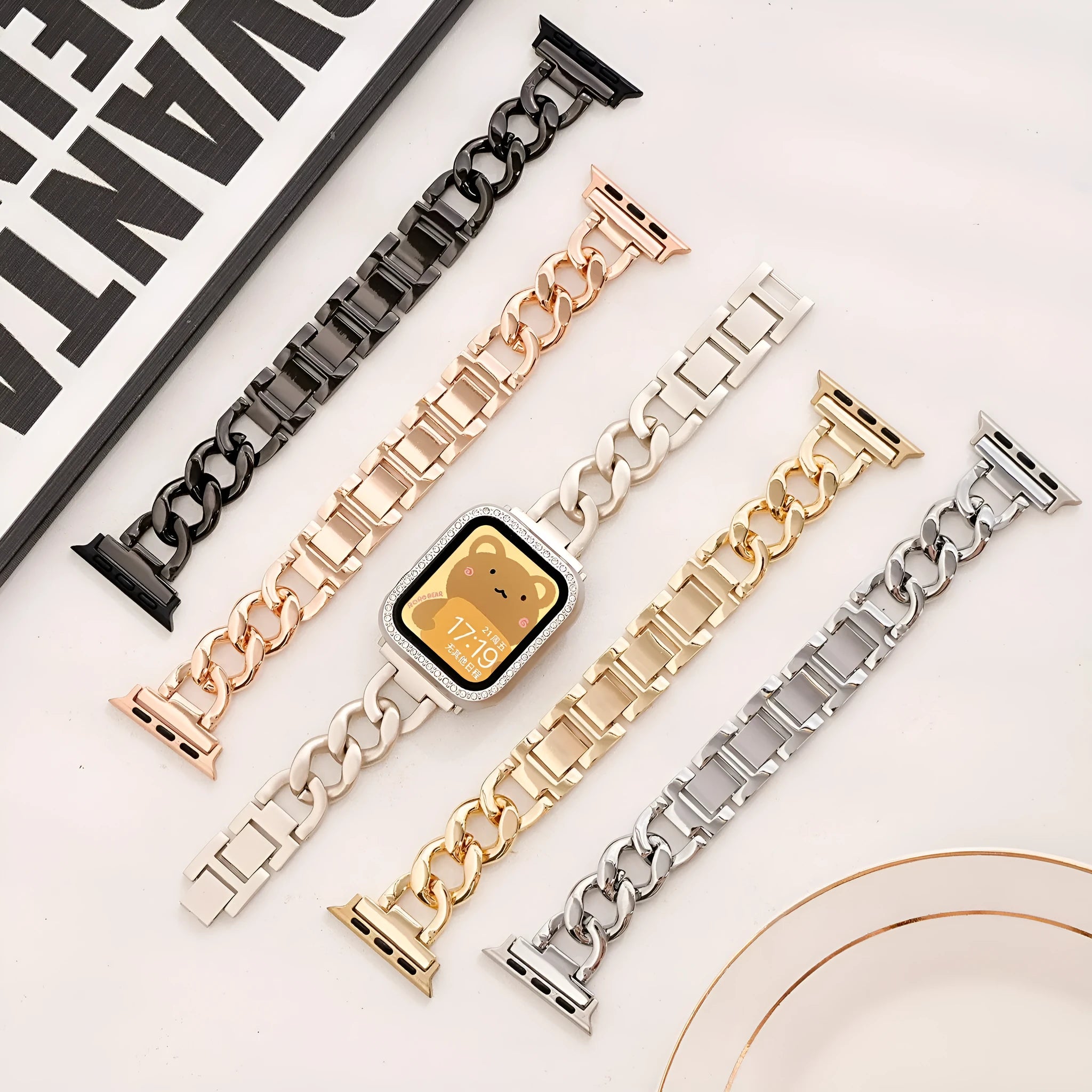 Metal denim chain watch strap for Apple Watch in silver, black, gold, rose gold and starlight colours