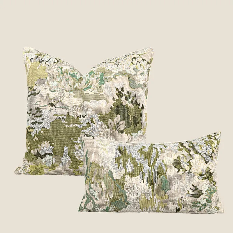 Antique green wool blend cushion cover with abstract spring flowers pattern, shown in square and lumbar sizes.