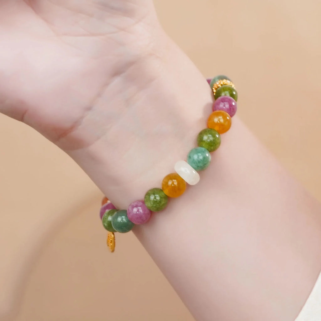 Rainbow-coloured tourmaline half bracelet for women with electroplated finish
