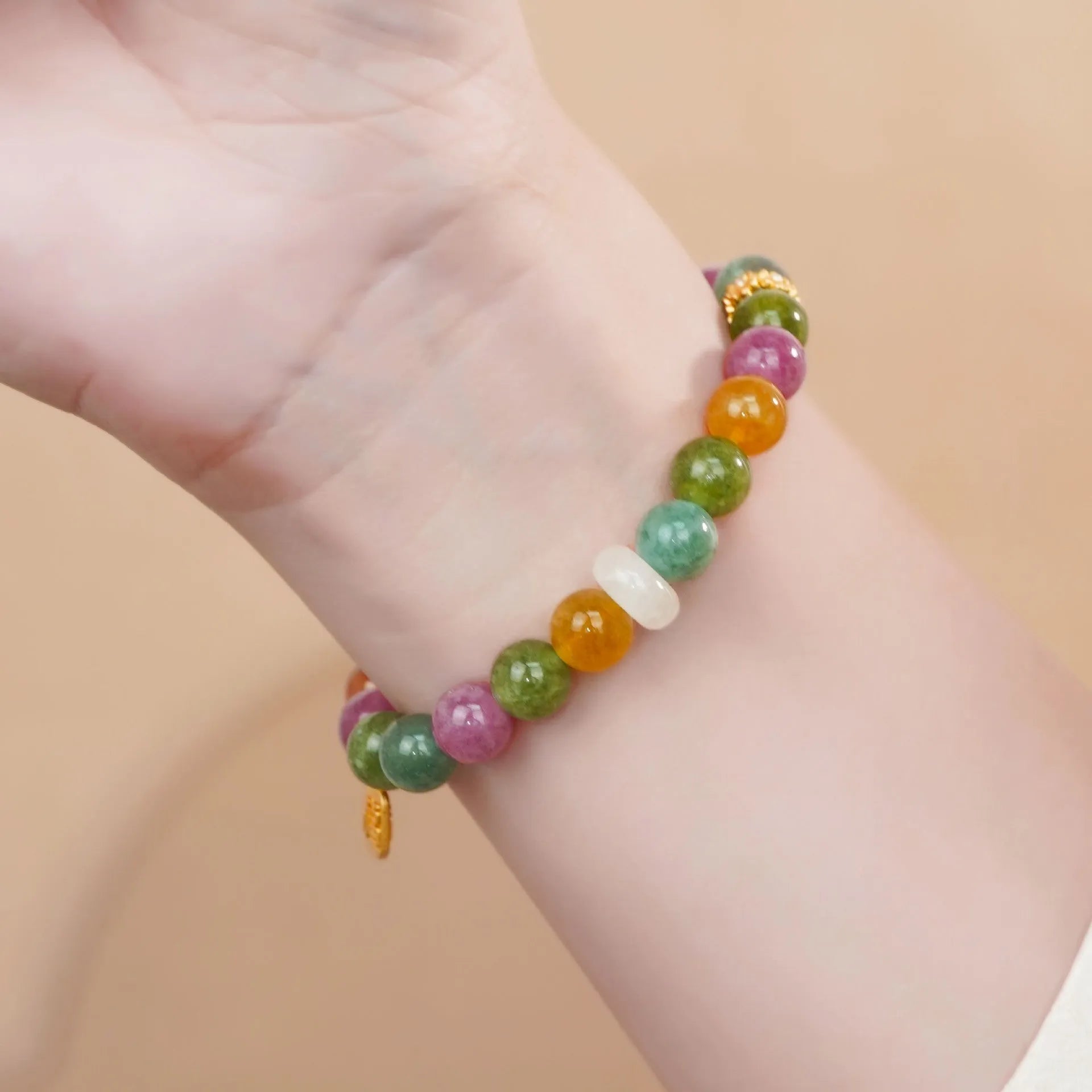 Rainbow-coloured tourmaline half bracelet for women with electroplated finish