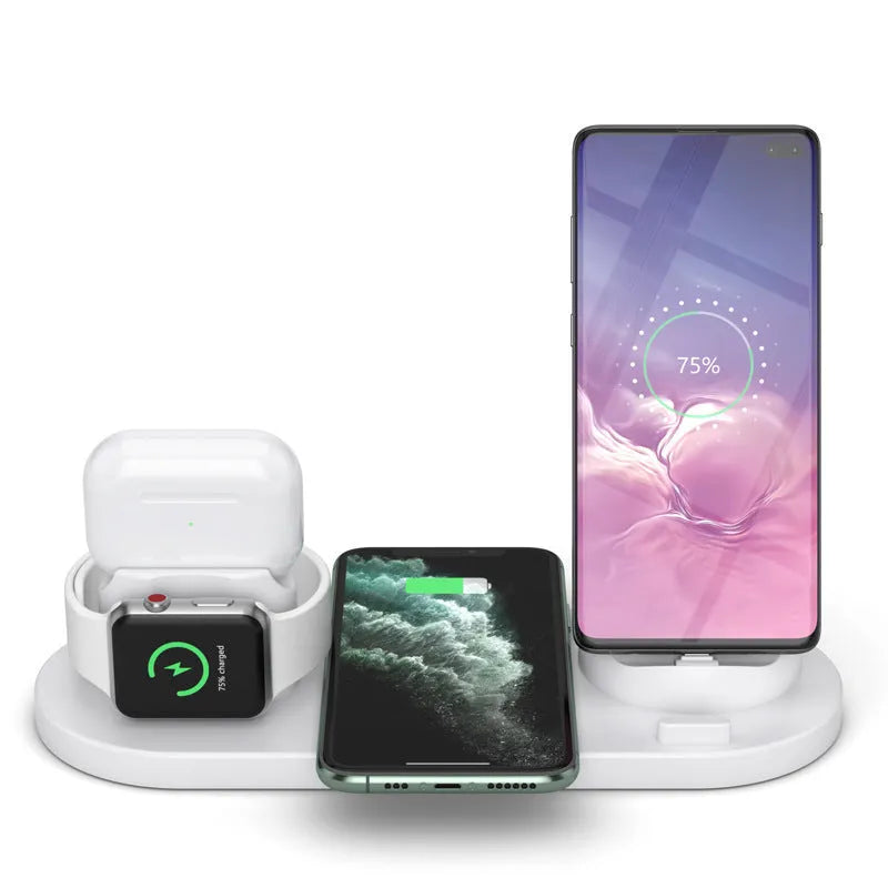 Black and white 6-in-1 wireless charging station for mobile phones, AirPods, and iWatch with USB cable