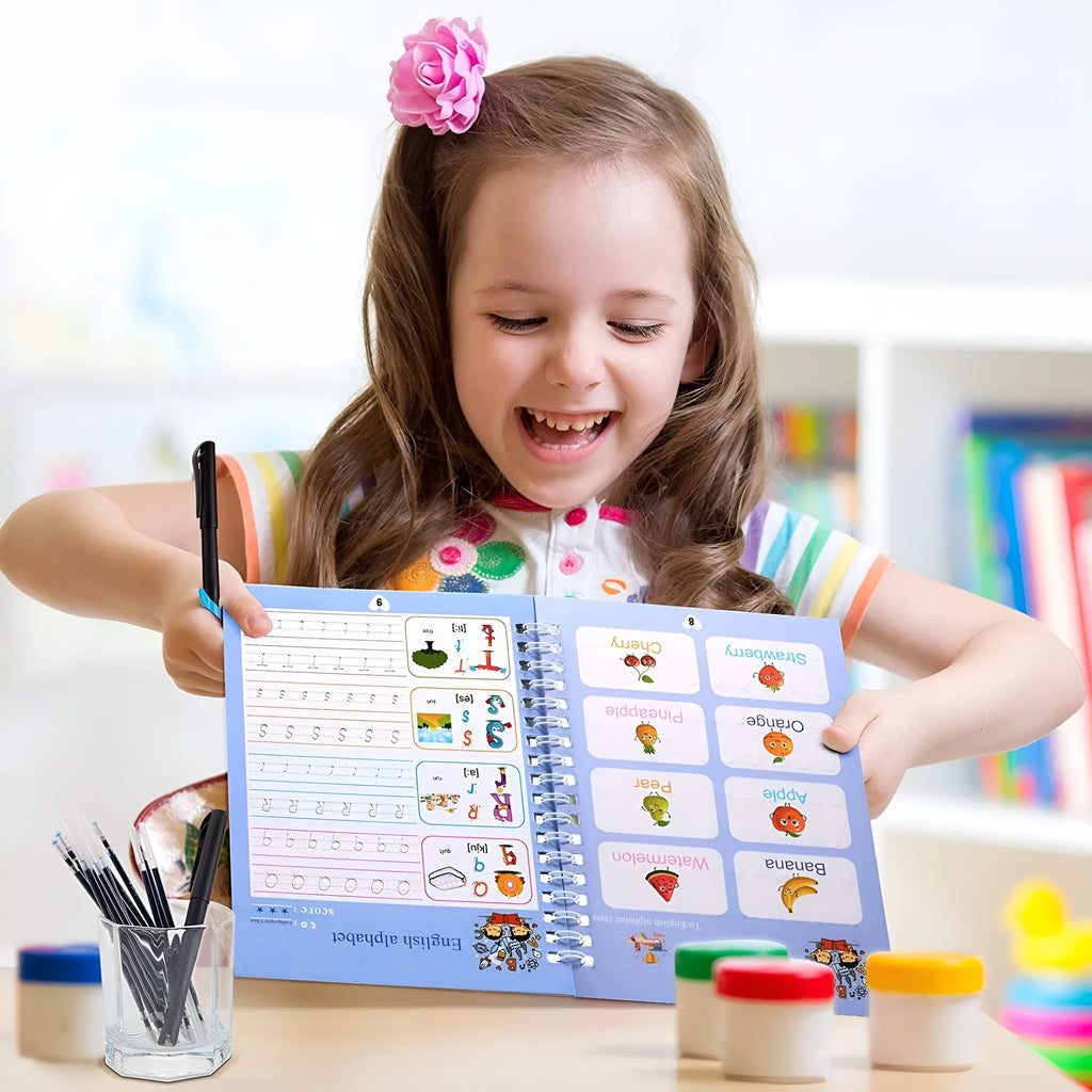Children's English sticker copybook set with 4 paper books and a calligraphy pen