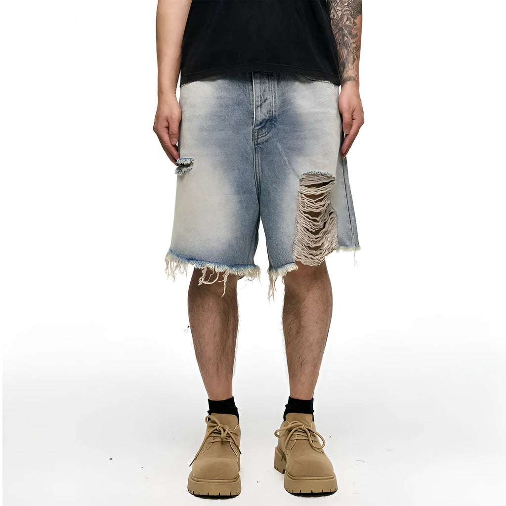Light blue baggy denim shorts with wide leg cut and zipper fly