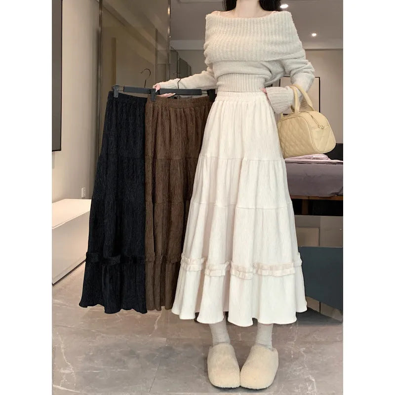 Slimming midi A-line corduroy skirt with elastic waistband in solid colour options for urban commuting