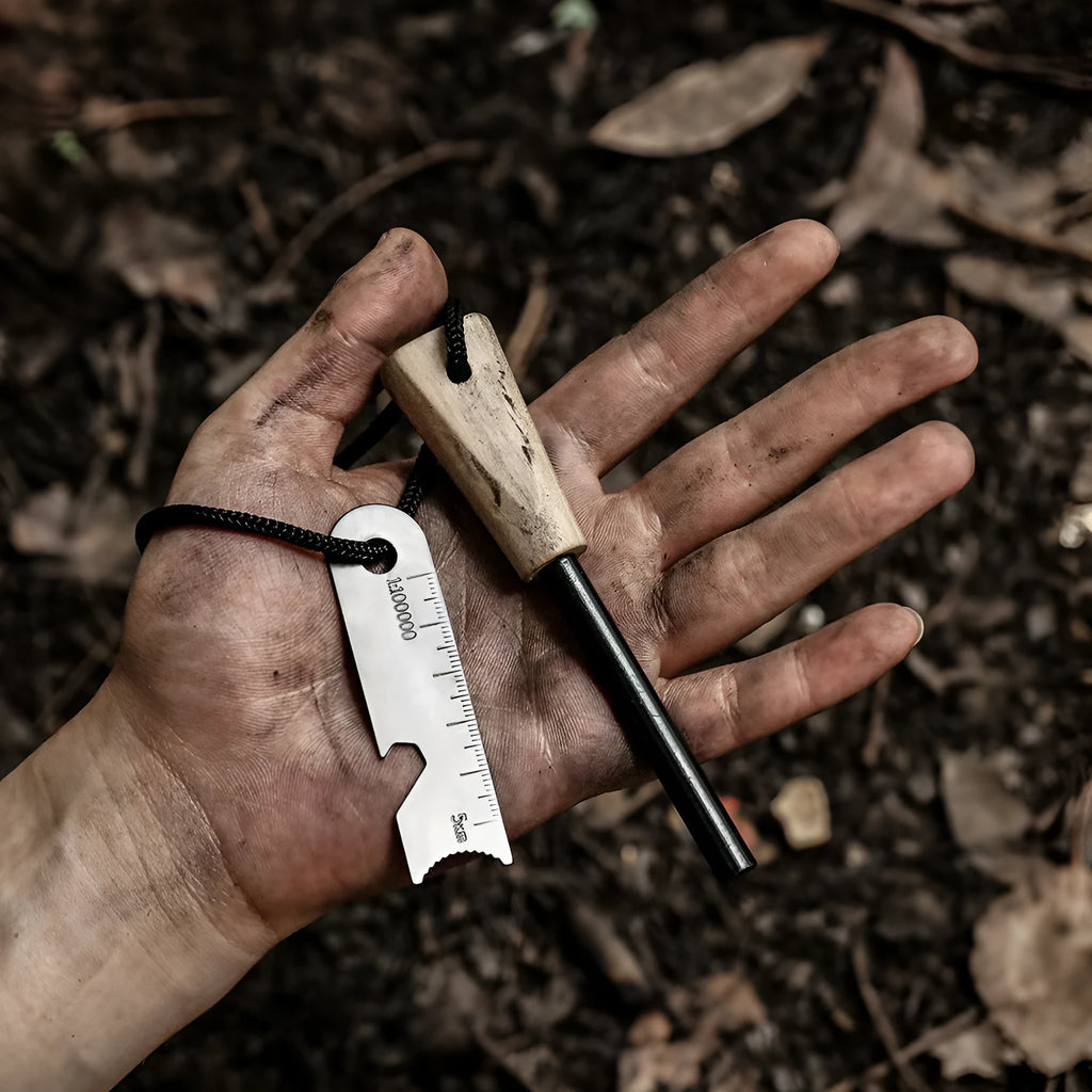 Portable outdoor flint camping sparkstone in cylindrical shape on natural background
