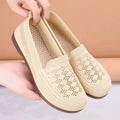 Beige casual tennis shoes for elderly women with mesh upper, antiskid sole, and Flyknit lining for wide feet summer wear