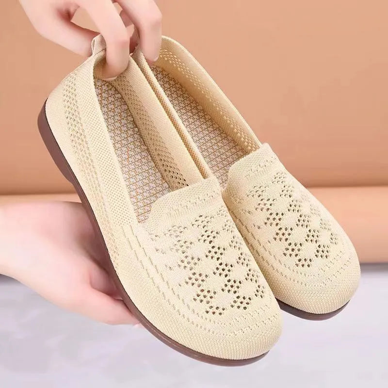 Beige casual tennis shoes for elderly women with mesh upper, antiskid sole, and Flyknit lining for wide feet summer wear