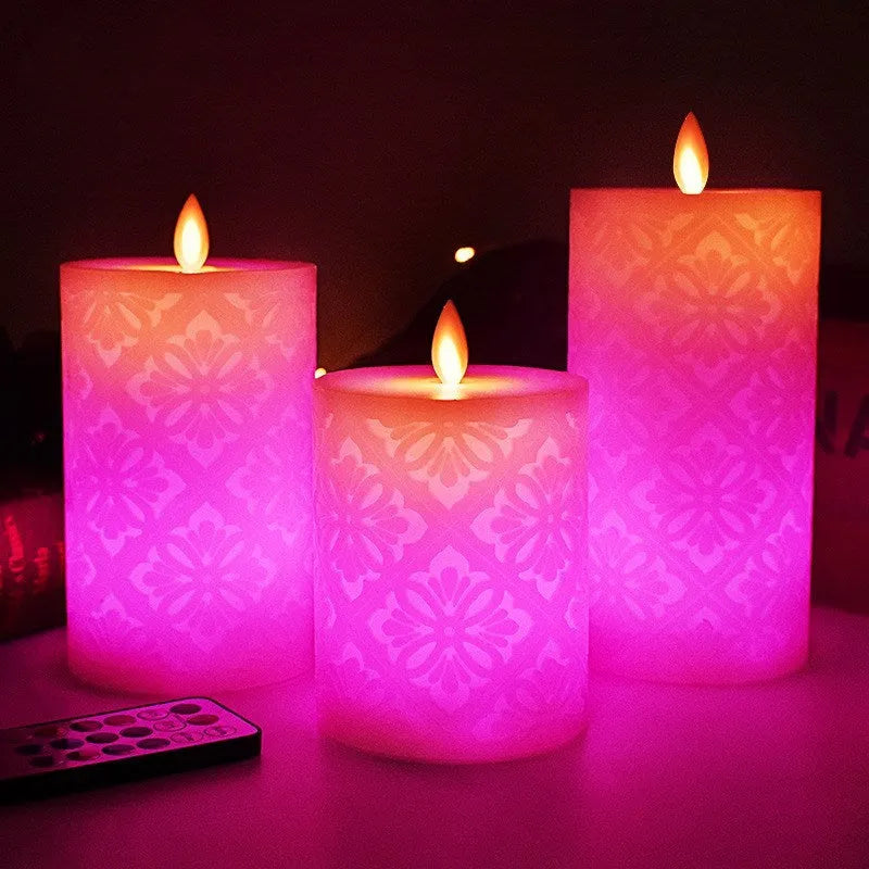 LED hollow pattern paraffin electronic candle cylindrical shape 8x10cm battery operated remote control