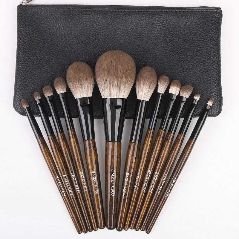 12-piece makeup brush set with wooden handles in PU storage bag including powder foundation brush
