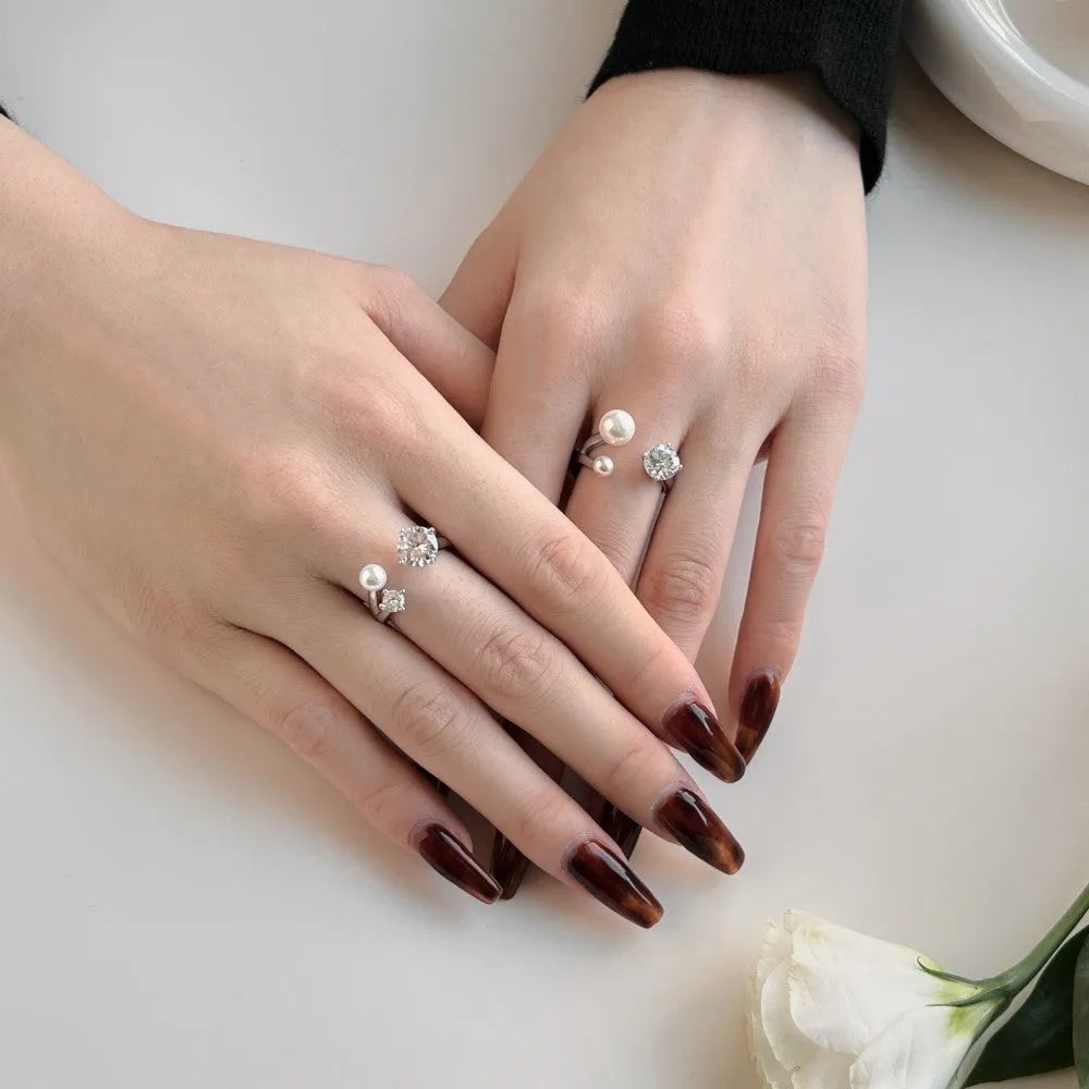 S925 sterling silver open ring with zircon and pearl inlay, electroplated platinum finish, adjustable opening