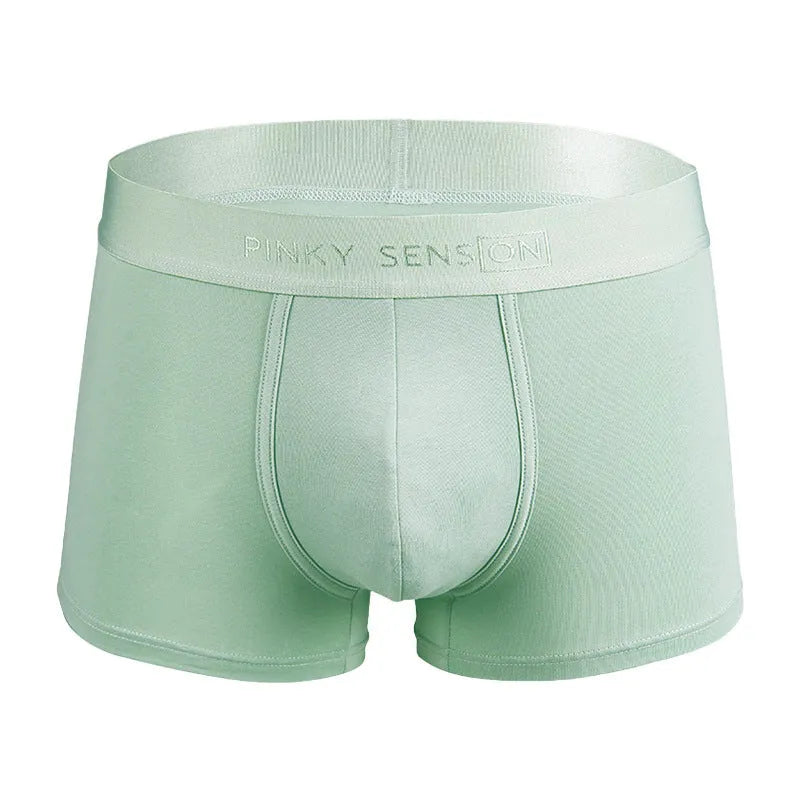 Men's solid colour cotton boxer shorts shown in black, white, silver grey, and light green.
